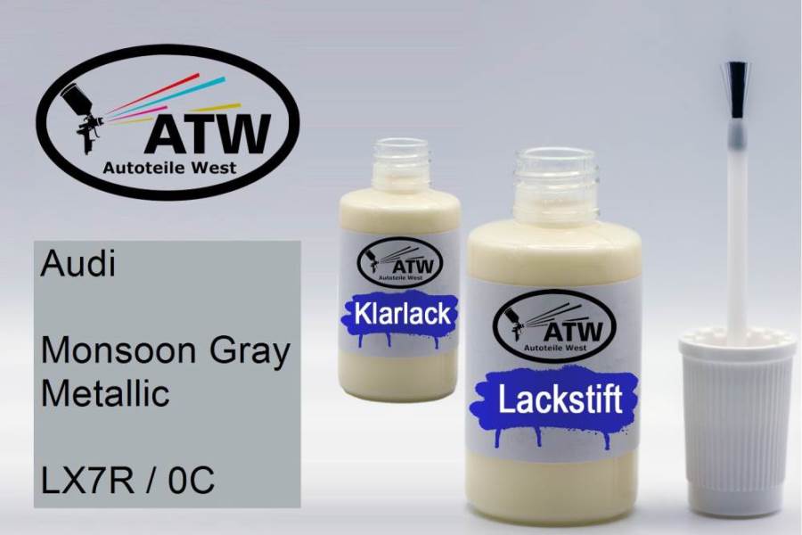 Audi, Monsoon Gray Metallic, LX7R / 0C: 20ml Lackstift + 20ml Klarlack - Set, von ATW Autoteile West.